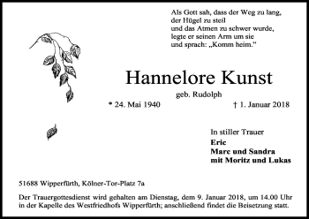 Anzeige von Hannelore Kunst von Kölner Stadt-Anzeiger / Kölnische Rundschau / Express