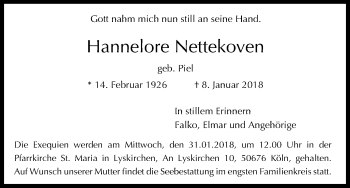 Anzeige von Hannelore Nettekoven von Kölner Stadt-Anzeiger / Kölnische Rundschau / Express