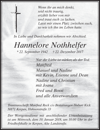 Anzeige von Hannelore Nothhelfer von  Werbepost 