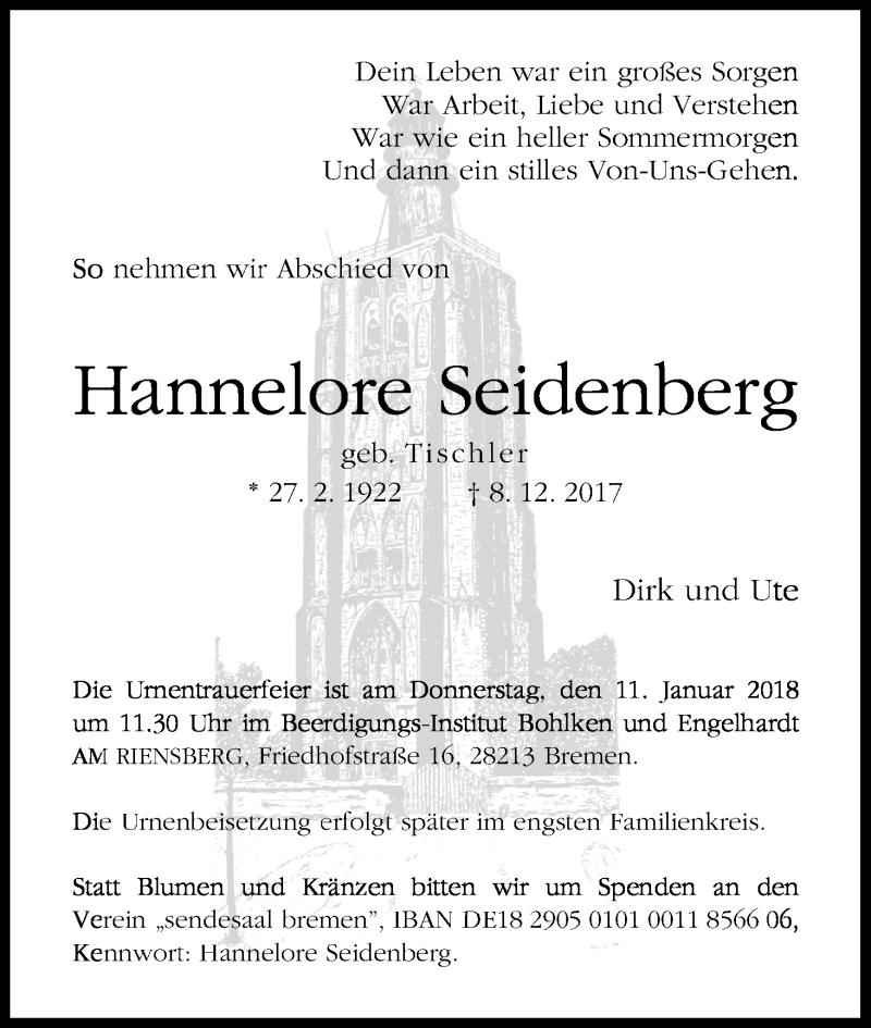 Traueranzeige für Hannelore Seidenberg vom 06.01.2018 aus Kölner Stadt-Anzeiger / Kölnische Rundschau / Express