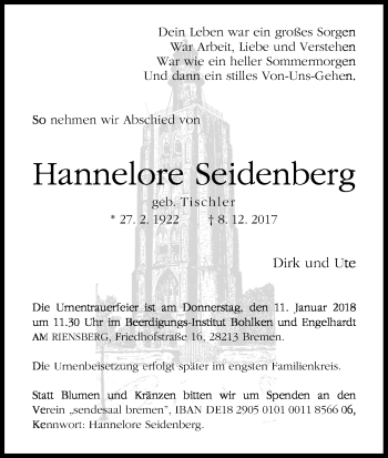 Anzeige von Hannelore Seidenberg von Kölner Stadt-Anzeiger / Kölnische Rundschau / Express