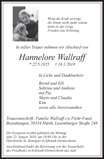 Anzeige von Hannelore Wallraff von  Werbepost 
