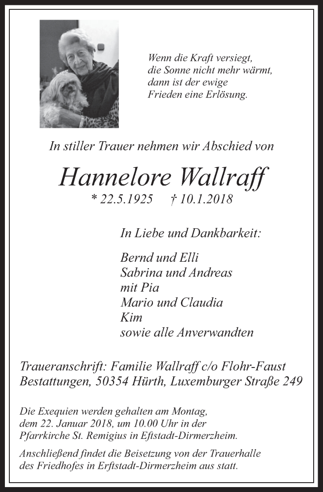  Traueranzeige für Hannelore Wallraff vom 17.01.2018 aus  Werbepost 
