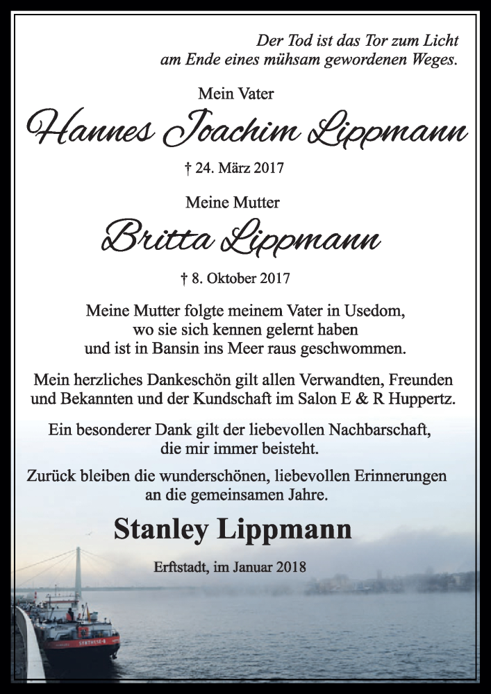  Traueranzeige für Hannes Joachim Lippmann vom 20.01.2018 aus  Sonntags-Post 