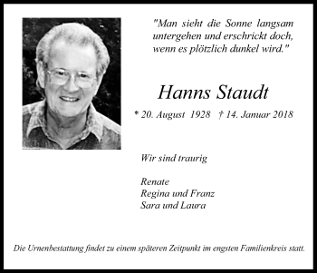 Anzeige von Hanns Staudt von Kölner Stadt-Anzeiger / Kölnische Rundschau / Express