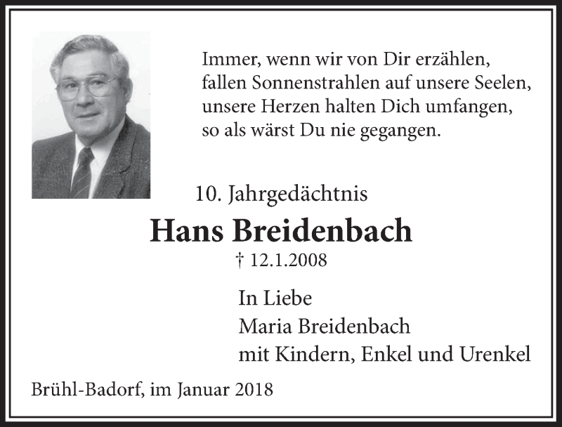  Traueranzeige für Hans Breidenbach vom 10.01.2018 aus  Schlossbote/Werbekurier 