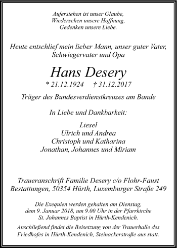 Anzeige von Hans Desery von Kölner Stadt-Anzeiger / Kölnische Rundschau / Express