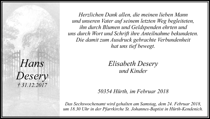  Traueranzeige für Hans Desery vom 17.01.2018 aus Kölner Stadt-Anzeiger / Kölnische Rundschau / Express