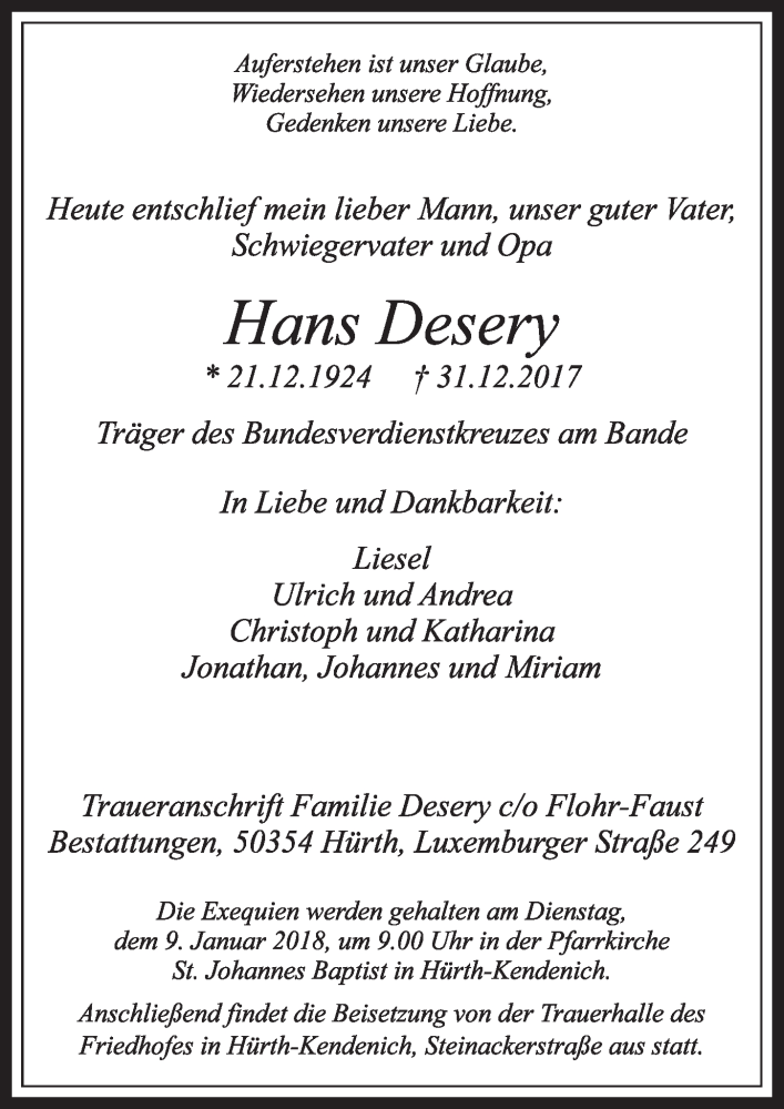  Traueranzeige für Hans Desery vom 06.01.2018 aus  Sonntags-Post 
