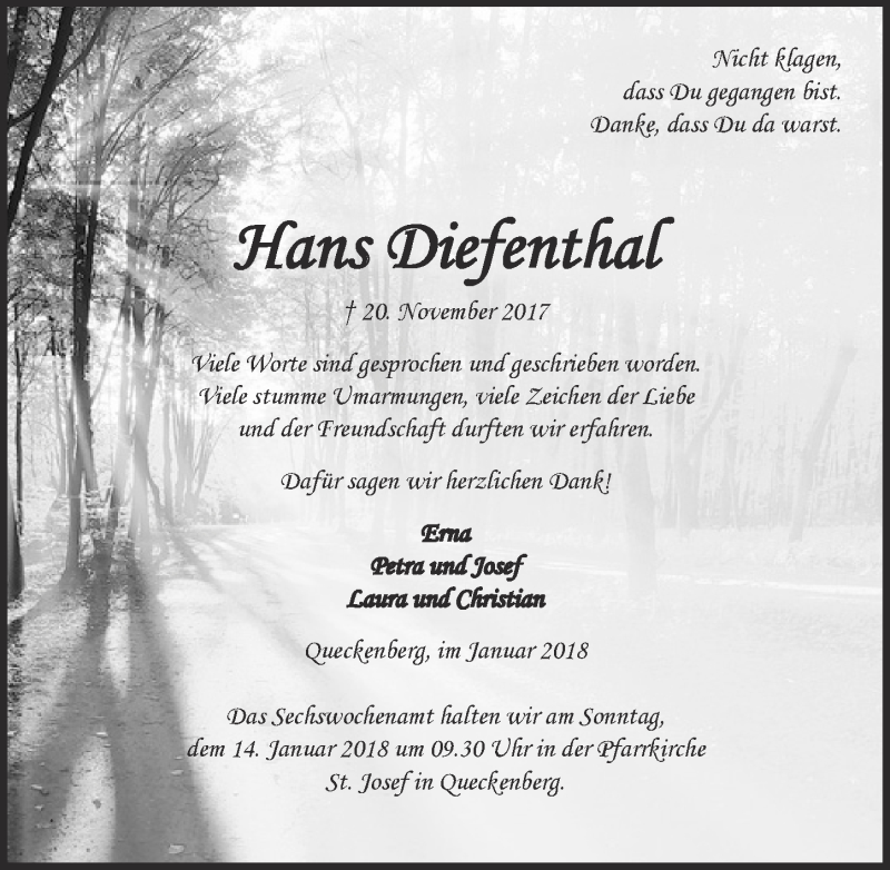  Traueranzeige für Hans Diefenthal vom 06.01.2018 aus  Schaufenster/Blickpunkt am Wochenende 