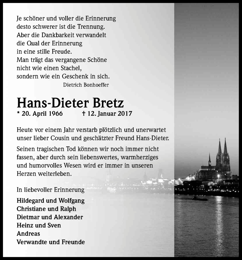  Traueranzeige für Hans-Dieter Bretz vom 12.01.2018 aus Kölner Stadt-Anzeiger / Kölnische Rundschau / Express