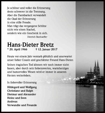 Anzeige von Hans-Dieter Bretz von Kölner Stadt-Anzeiger / Kölnische Rundschau / Express