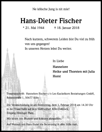 Anzeige von Hans-Dieter Fischer von Kölner Stadt-Anzeiger / Kölnische Rundschau / Express
