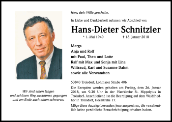 Anzeige von Hans-Dieter Schnitzler von Kölner Stadt-Anzeiger / Kölnische Rundschau / Express