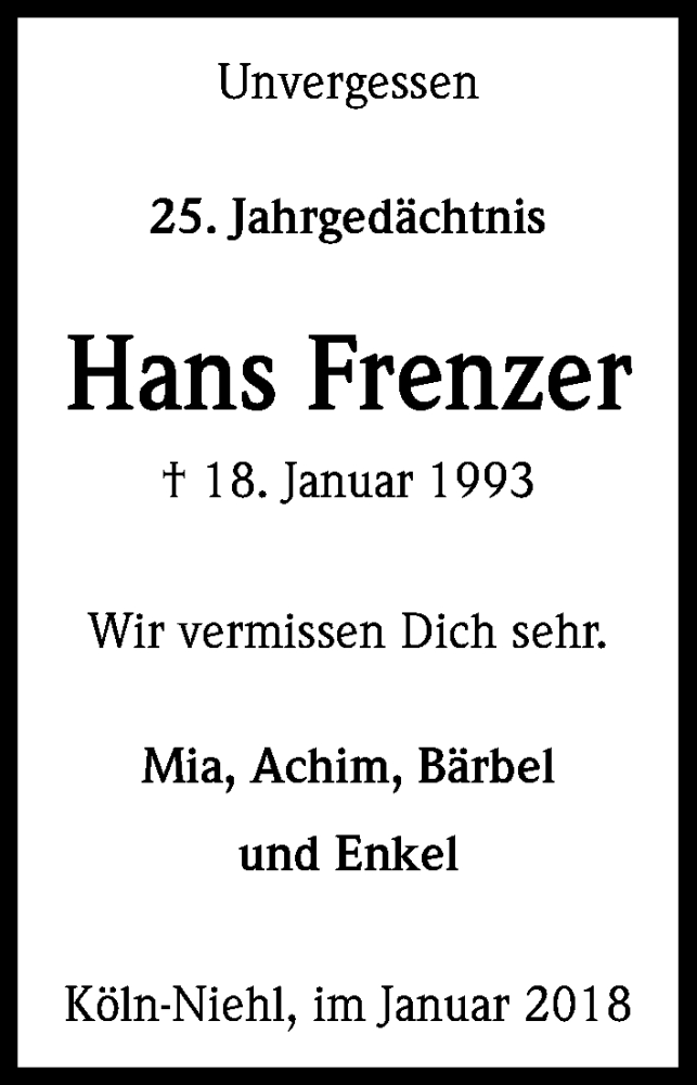  Traueranzeige für Hans Frenzer vom 18.07.2023 aus Kölner Stadt-Anzeiger / Kölnische Rundschau / Express