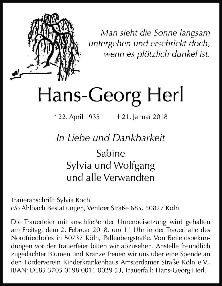  Traueranzeige für Hans-Georg Herl vom 27.01.2018 aus Kölner Stadt-Anzeiger / Kölnische Rundschau / Express