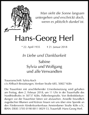 Anzeige von Hans-Georg Herl von Kölner Stadt-Anzeiger / Kölnische Rundschau / Express