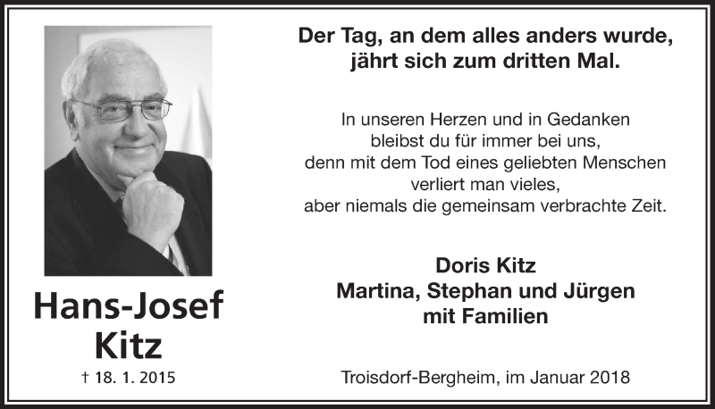  Traueranzeige für Hans-Josef Kitz vom 17.01.2018 aus  Extra Blatt 