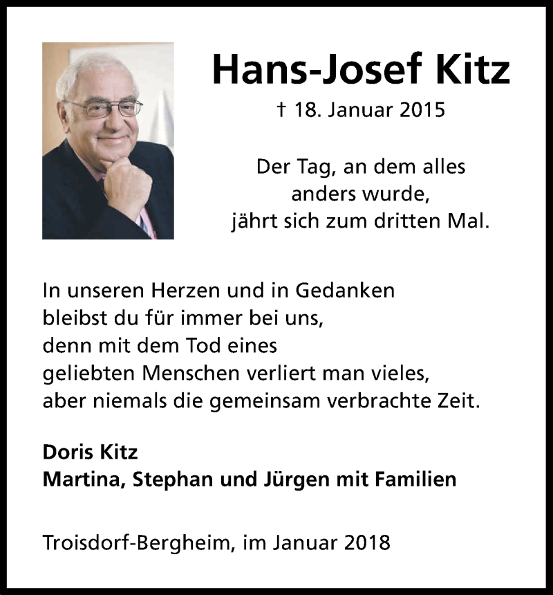  Traueranzeige für Hans-Josef Kitz vom 18.01.2018 aus Kölner Stadt-Anzeiger / Kölnische Rundschau / Express
