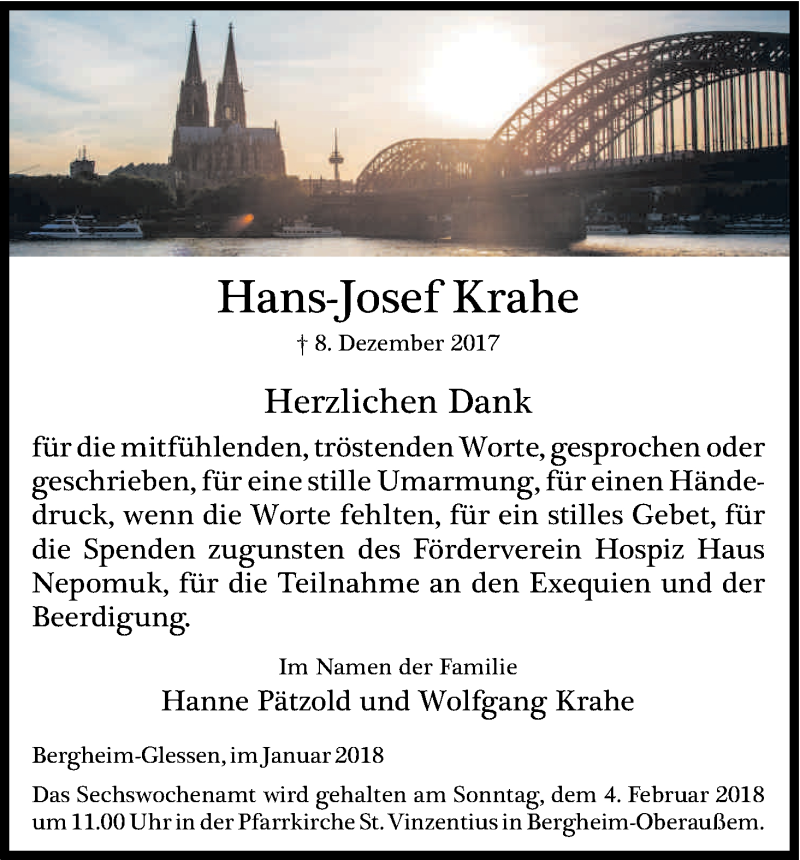  Traueranzeige für Hans-Josef Krahe vom 27.01.2018 aus Kölner Stadt-Anzeiger / Kölnische Rundschau / Express