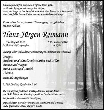 Anzeige von Hans-Jürgen Reimann von Kölner Stadt-Anzeiger / Kölnische Rundschau / Express