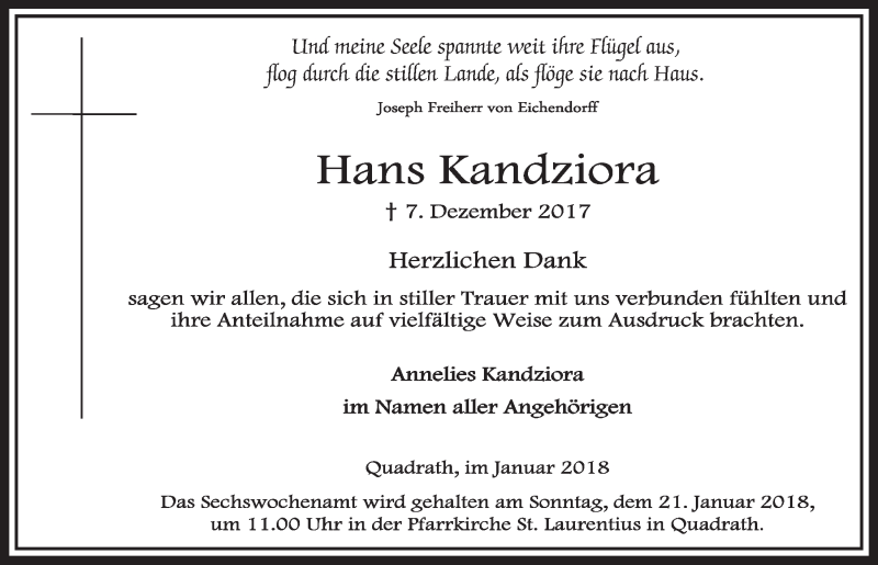  Traueranzeige für Hans Kandziora vom 13.01.2018 aus  Sonntags-Post 