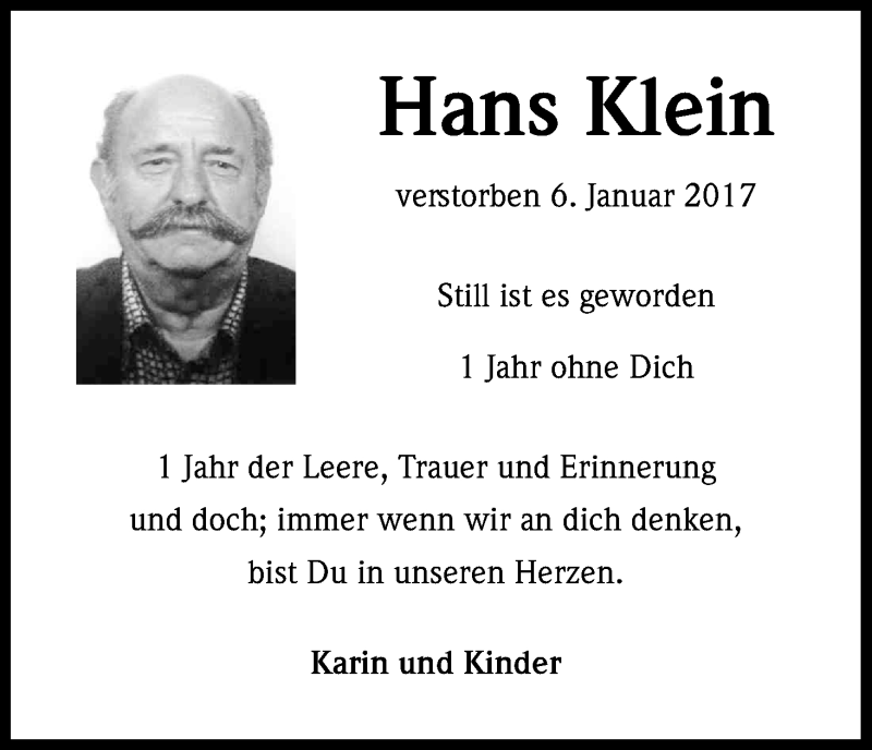  Traueranzeige für Hans Klein vom 06.01.2018 aus Kölner Stadt-Anzeiger / Kölnische Rundschau / Express
