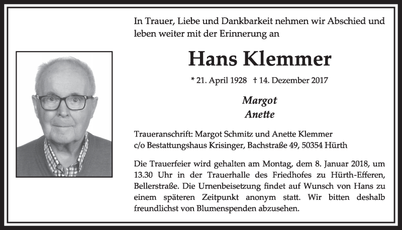  Traueranzeige für Hans Klemmer vom 03.01.2018 aus  Wochenende 