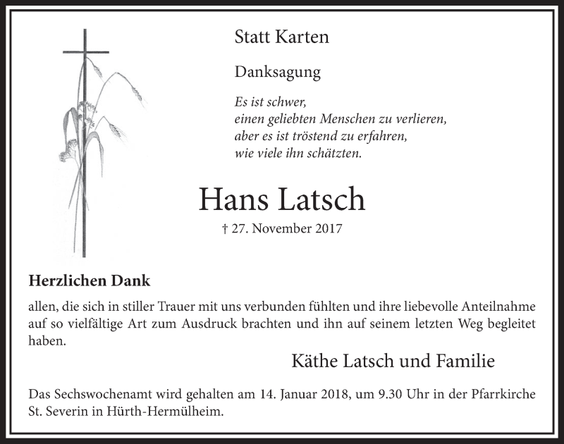  Traueranzeige für Hans Latsch vom 03.01.2018 aus  Wochenende 