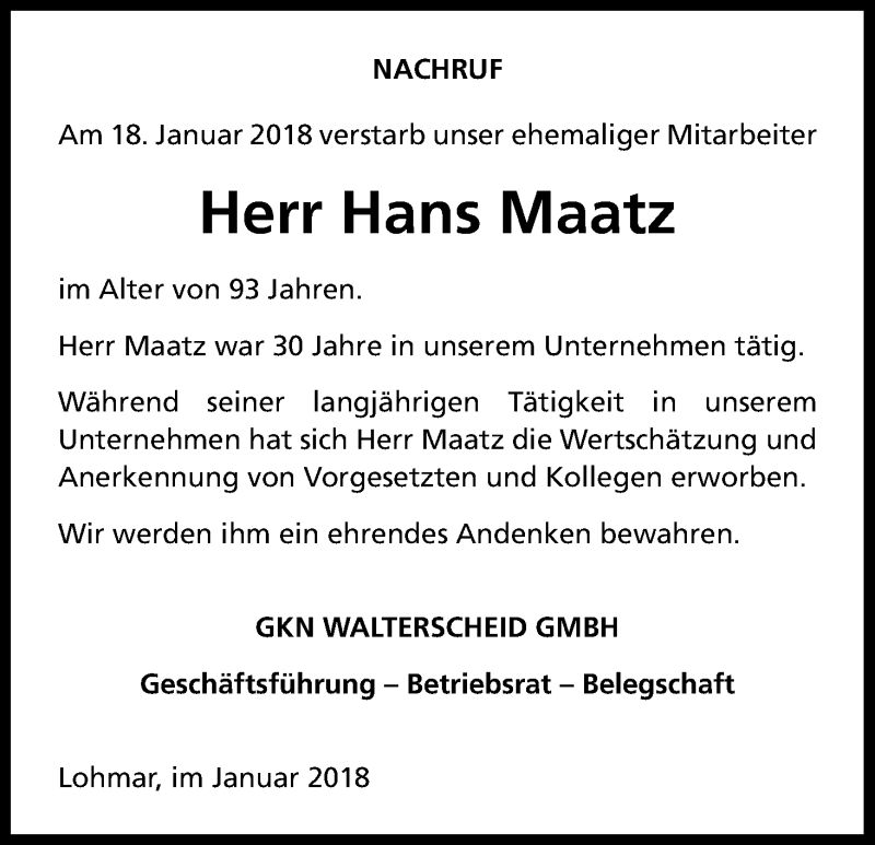  Traueranzeige für Hans Maatz vom 25.01.2018 aus Kölner Stadt-Anzeiger / Kölnische Rundschau / Express