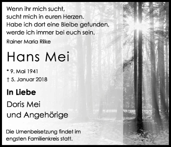 Anzeige von Hans Mei von Kölner Stadt-Anzeiger / Kölnische Rundschau / Express