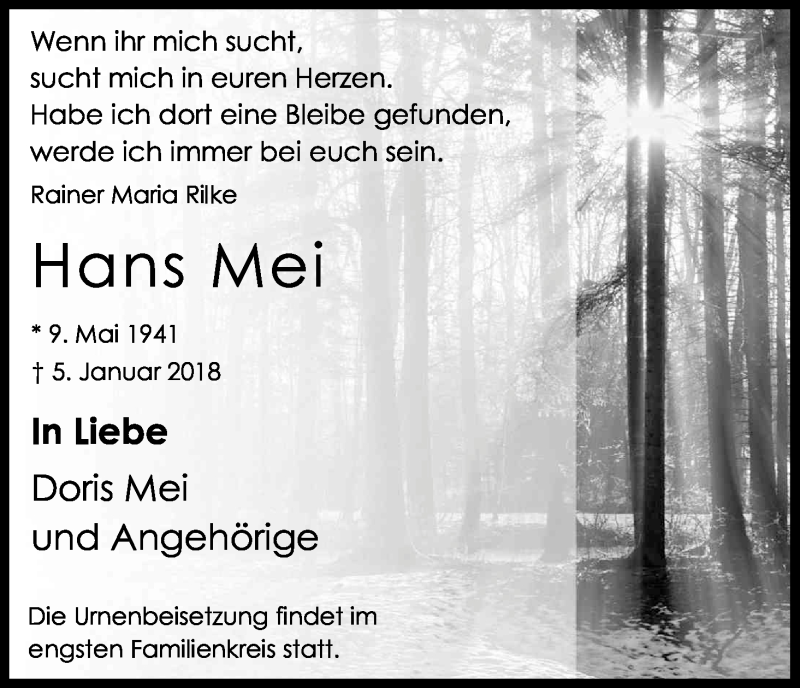  Traueranzeige für Hans Mei vom 13.01.2018 aus Kölner Stadt-Anzeiger / Kölnische Rundschau / Express