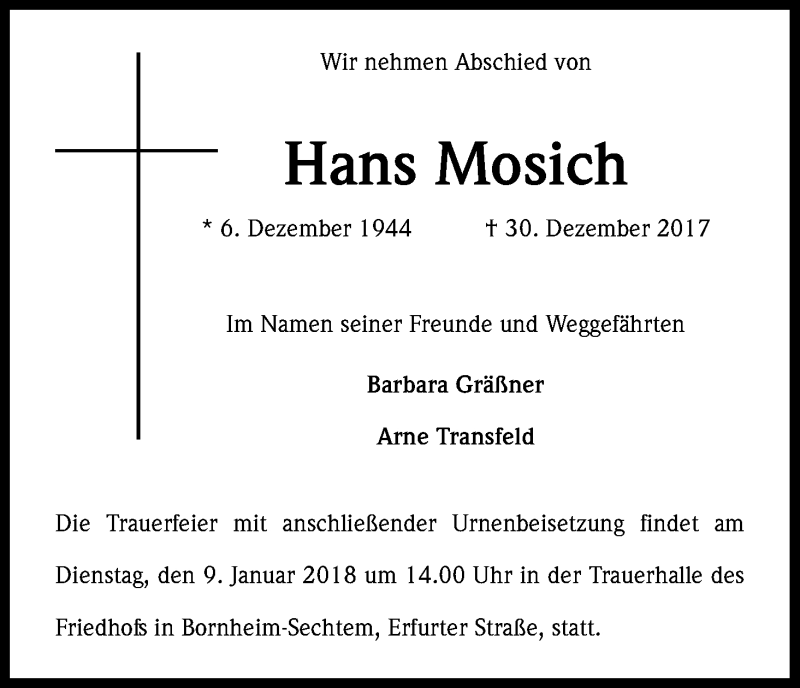  Traueranzeige für Hans Mosich vom 06.01.2018 aus Kölner Stadt-Anzeiger / Kölnische Rundschau / Express