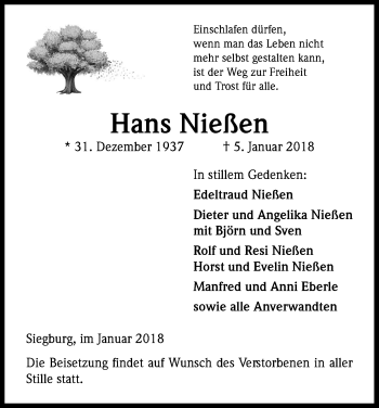 Anzeige von Hans Nießen von Kölner Stadt-Anzeiger / Kölnische Rundschau / Express