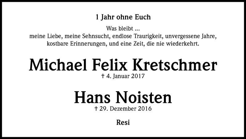  Traueranzeige für Hans Noisten vom 06.01.2018 aus Kölner Stadt-Anzeiger / Kölnische Rundschau / Express