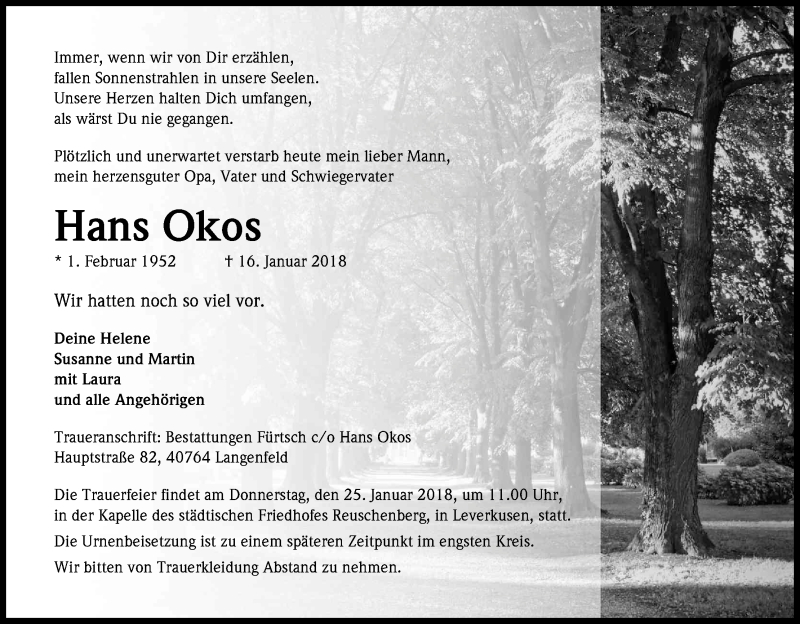 Traueranzeige für Hans Okos vom 20.01.2018 aus Kölner Stadt-Anzeiger / Kölnische Rundschau / Express