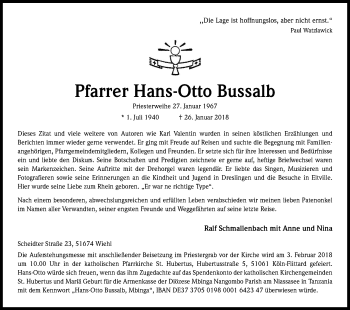 Anzeige von Hans-Otto Bussalb von Kölner Stadt-Anzeiger / Kölnische Rundschau / Express