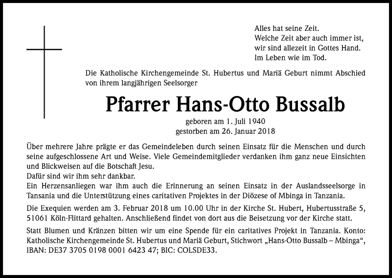  Traueranzeige für Hans-Otto Bussalb vom 01.02.2018 aus Kölner Stadt-Anzeiger / Kölnische Rundschau / Express