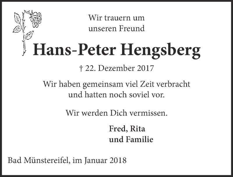  Traueranzeige für Hans-Peter Hengsberg vom 06.01.2018 aus  Blickpunkt Euskirchen 