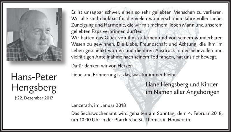  Traueranzeige für Hans-Peter Hengsberg vom 27.01.2018 aus  Blickpunkt Euskirchen 