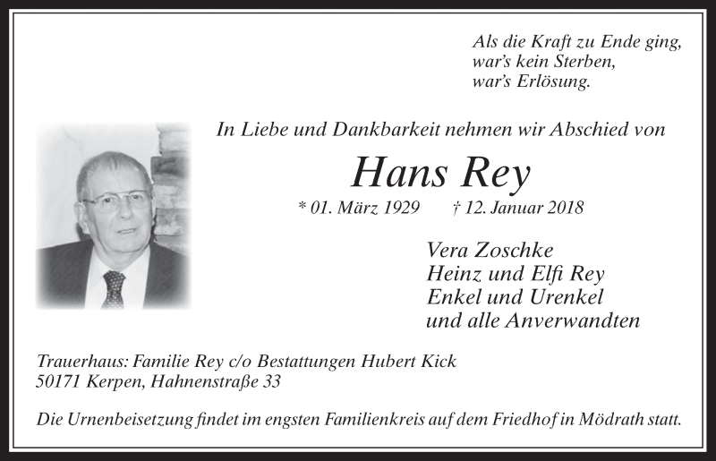  Traueranzeige für Hans Rey vom 17.01.2018 aus  Werbepost 