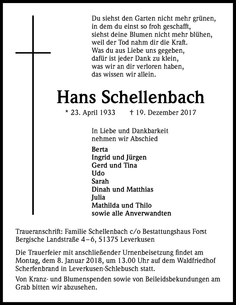  Traueranzeige für Hans Schellenbach vom 04.01.2018 aus Kölner Stadt-Anzeiger / Kölnische Rundschau / Express