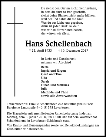 Anzeige von Hans Schellenbach von Kölner Stadt-Anzeiger / Kölnische Rundschau / Express