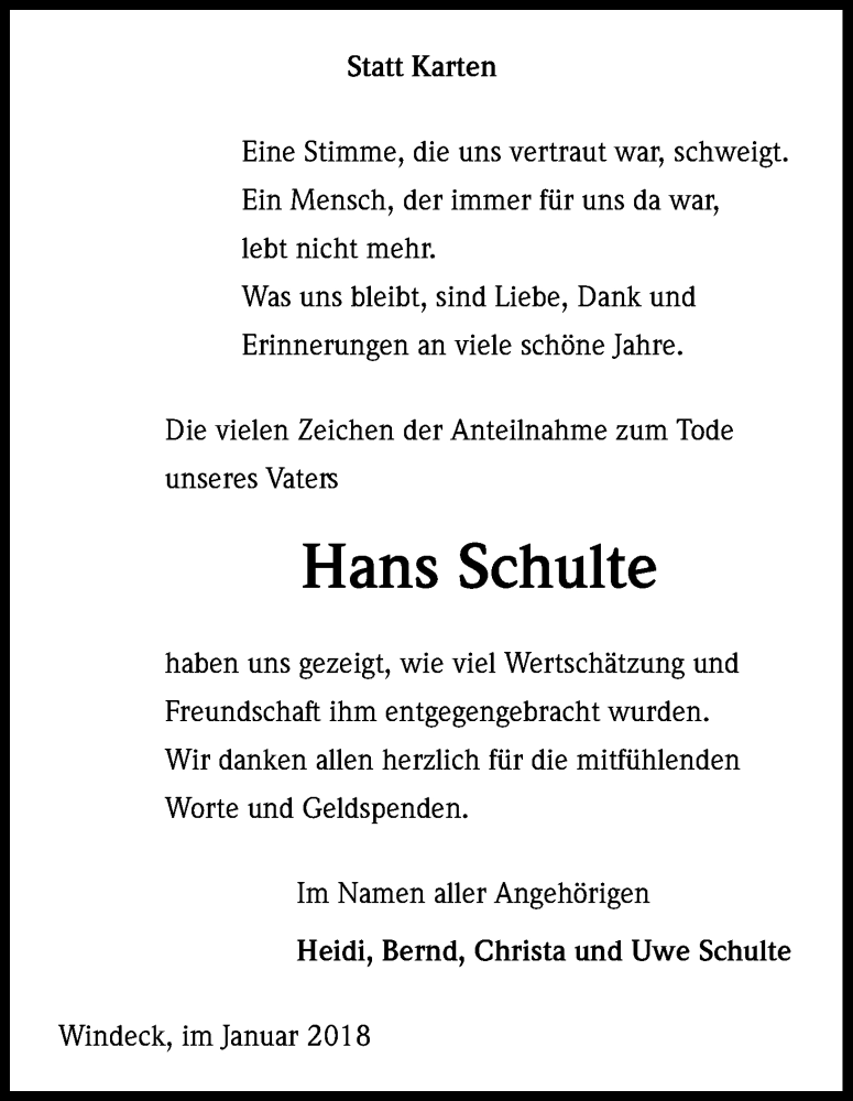  Traueranzeige für Hans Schulte vom 31.01.2018 aus Kölner Stadt-Anzeiger / Kölnische Rundschau / Express
