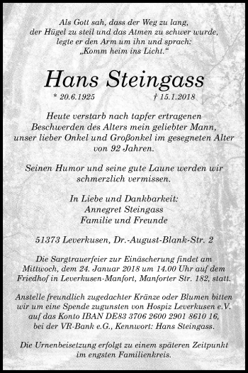 Anzeige von Hans Steingass von Kölner Stadt-Anzeiger / Kölnische Rundschau / Express