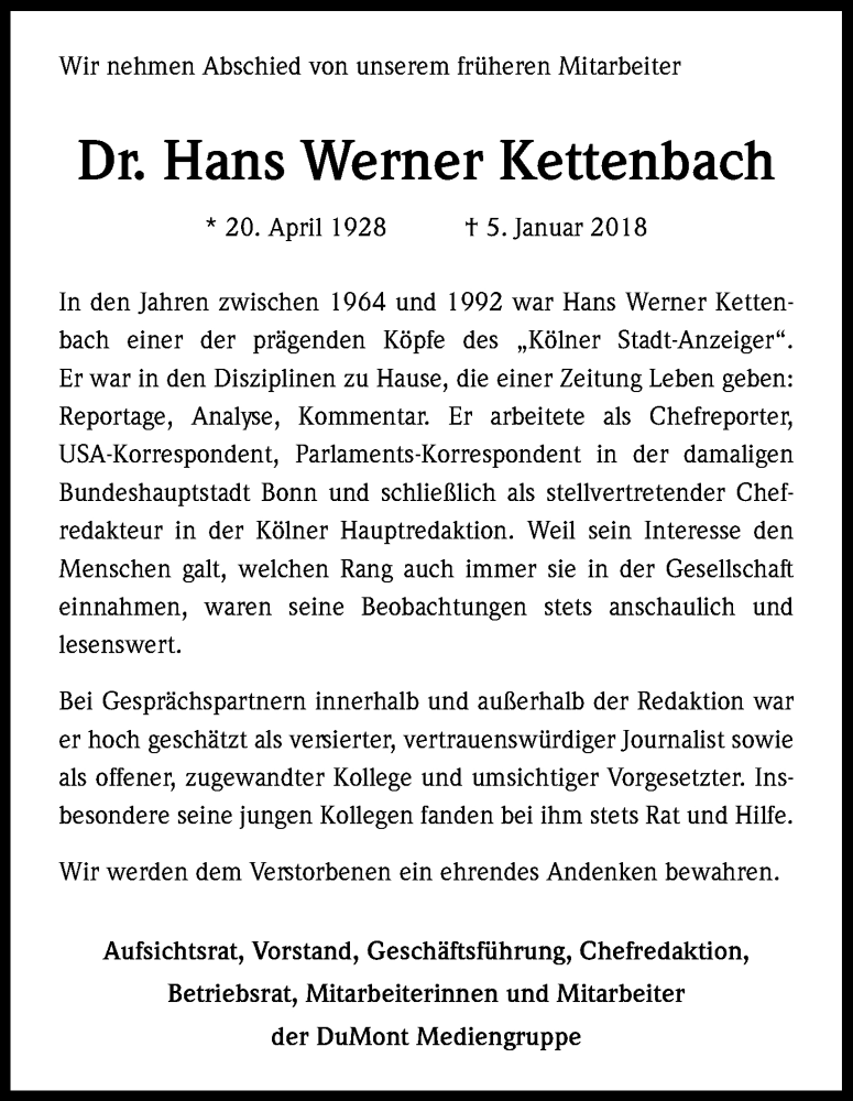  Traueranzeige für Hans-Werner Kettenbach vom 13.01.2018 aus Kölner Stadt-Anzeiger / Kölnische Rundschau / Express