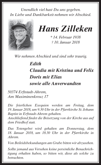 Anzeige von Hans Zilleken von  Werbepost 