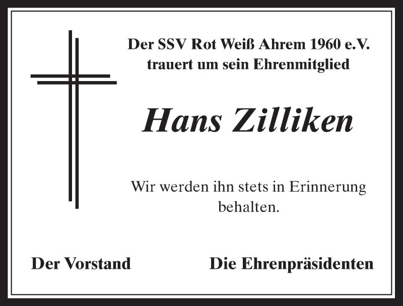  Traueranzeige für Hans Zilliken vom 17.01.2018 aus  Werbepost 