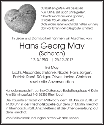 Anzeige von Hans Georg May von  Schaufenster/Blickpunkt 