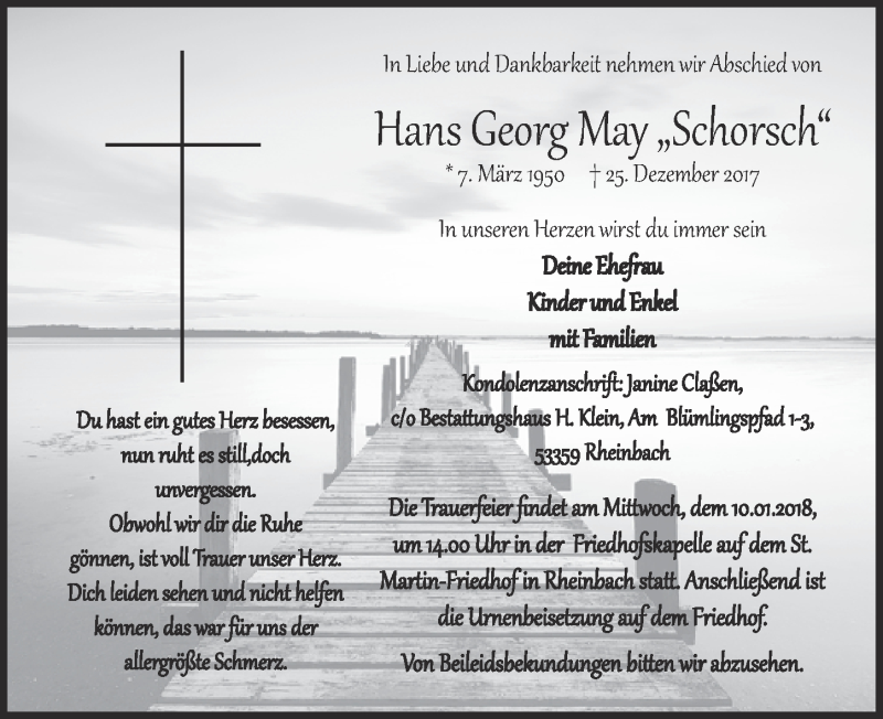  Traueranzeige für Hans Georg May vom 06.01.2018 aus  Blickpunkt Euskirchen 